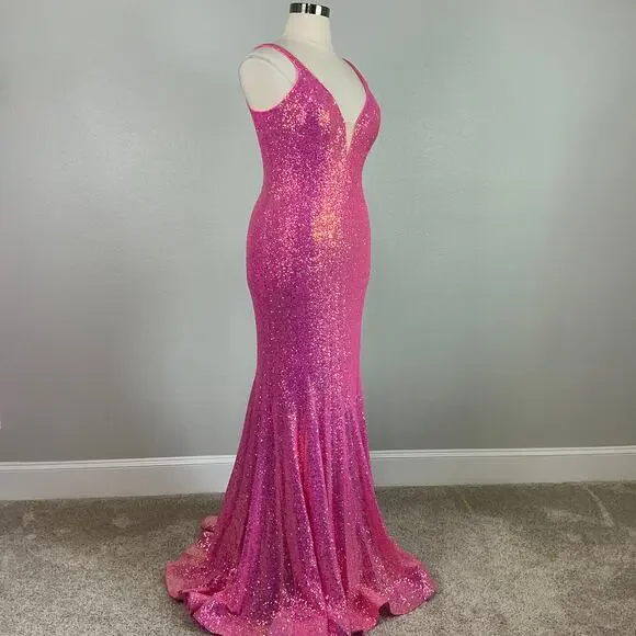 Jovani Sequined Backless Long Mermaid Evening Gown Fuchsia Pink Size 18 Dress - Picture 4 of 11